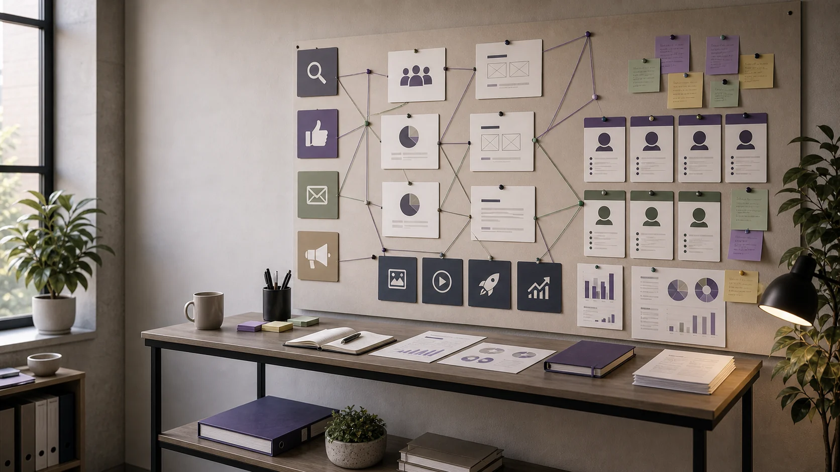 A studio wall of campaign cards, channel icons and charts above a desk of planning binders