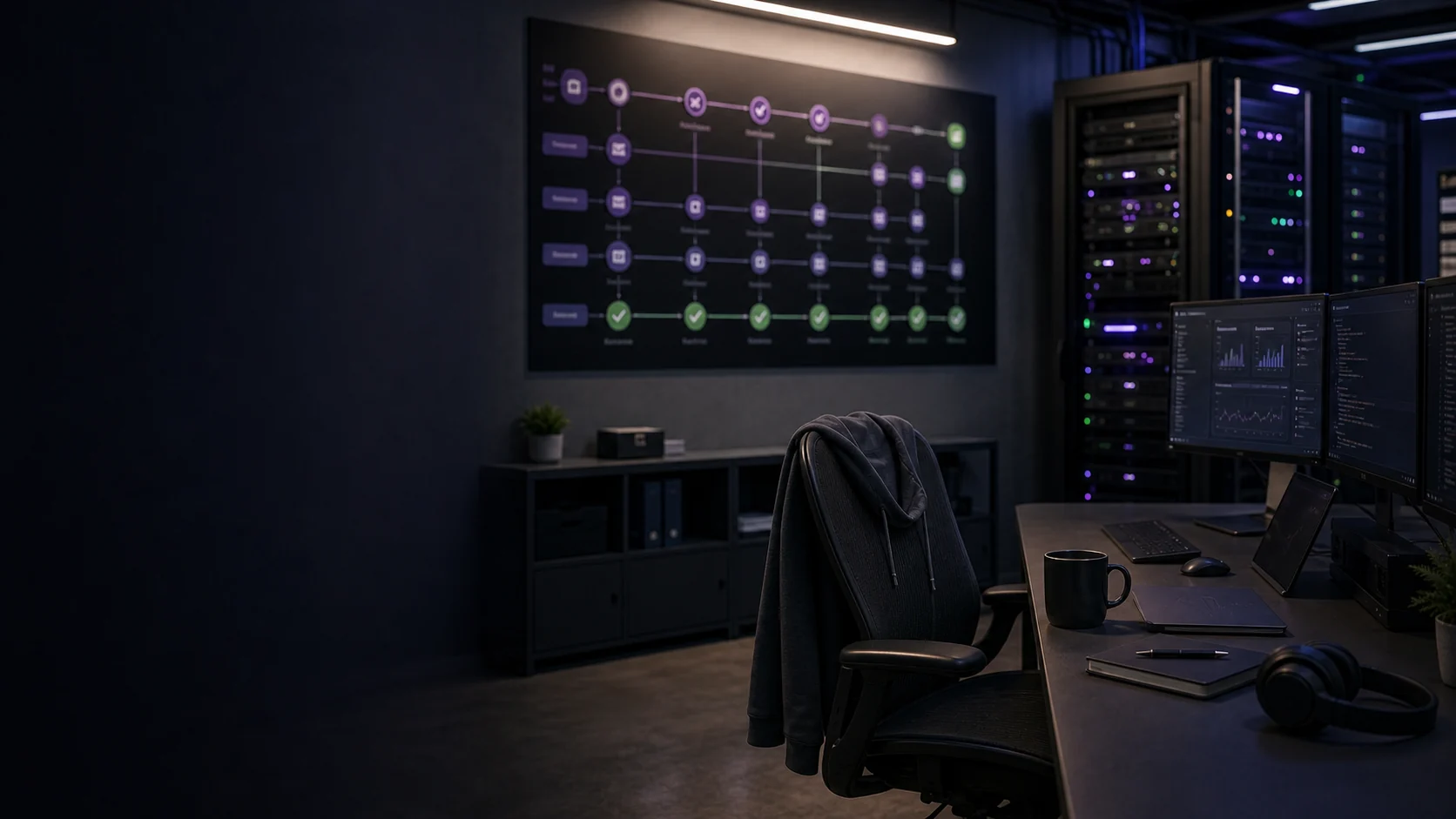A dark operations room with server racks, monitors showing dashboards and a wall board of status checkmarks