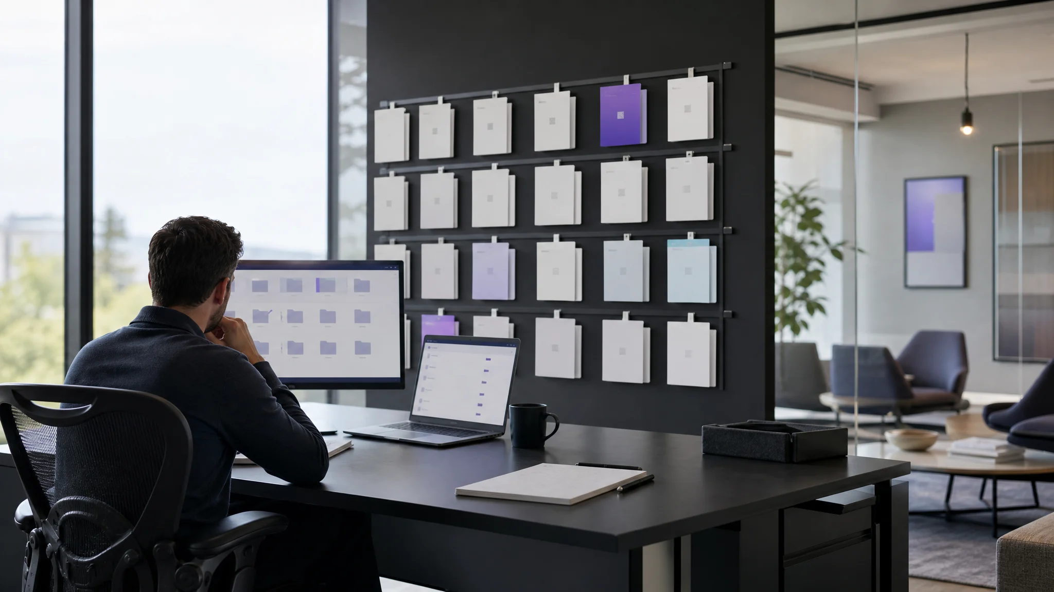 Founder reviewing organized business sale documents with an advisor in a modern office
