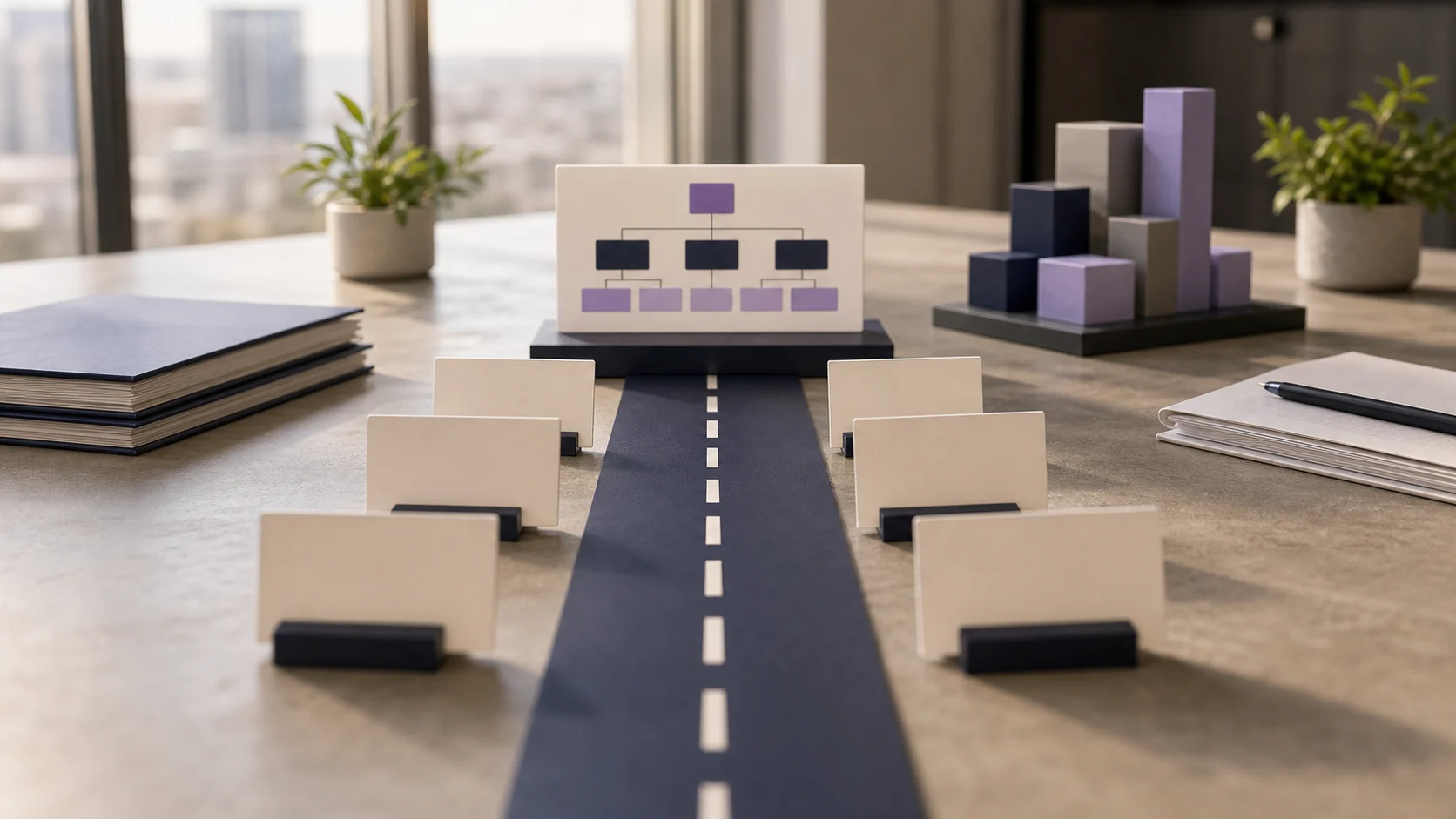 A road with dashed lane markings running across a desk toward an organization chart, with blank cards and stacked blocks beside it