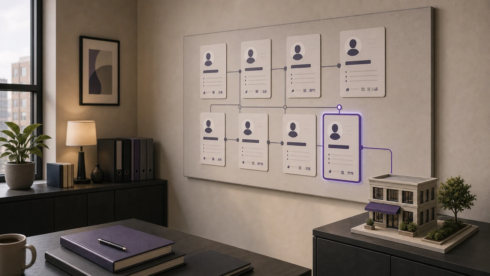 Wall board of buyer profiles linked to a model building, with one buyer highlighted