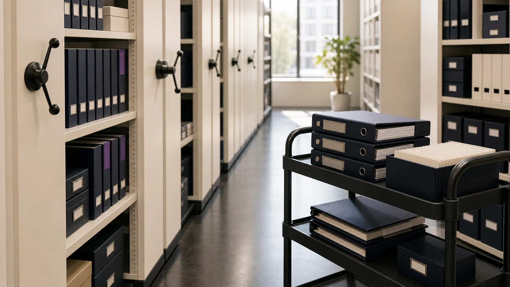 Shelves of client binders and file boxes in a records room