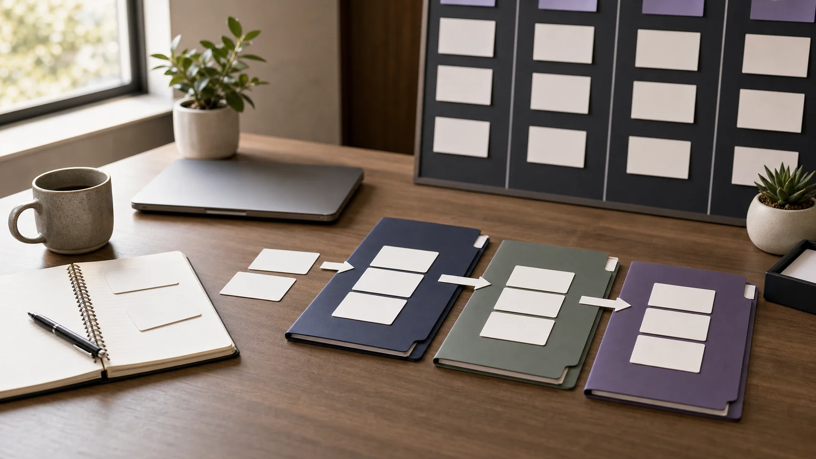A wall board of schedule cards above a desk with colored folders, a notebook and a potted plant by the window