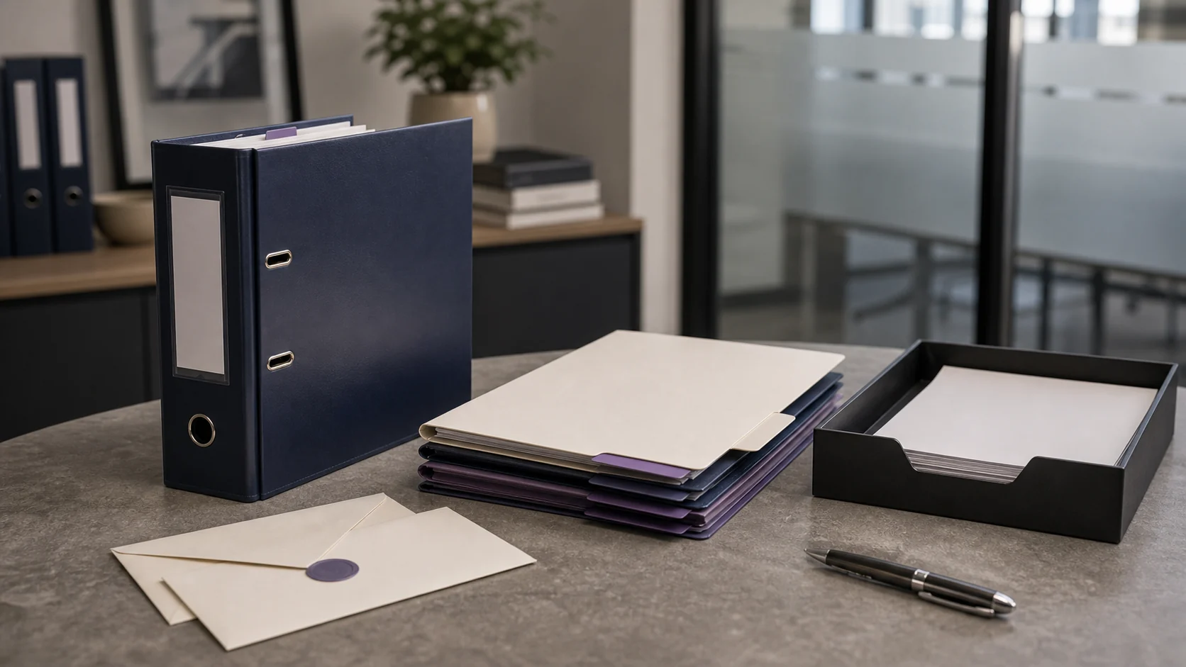 A desk with a dark binder, a stack of folders, two sealed envelopes and a paper tray in an office