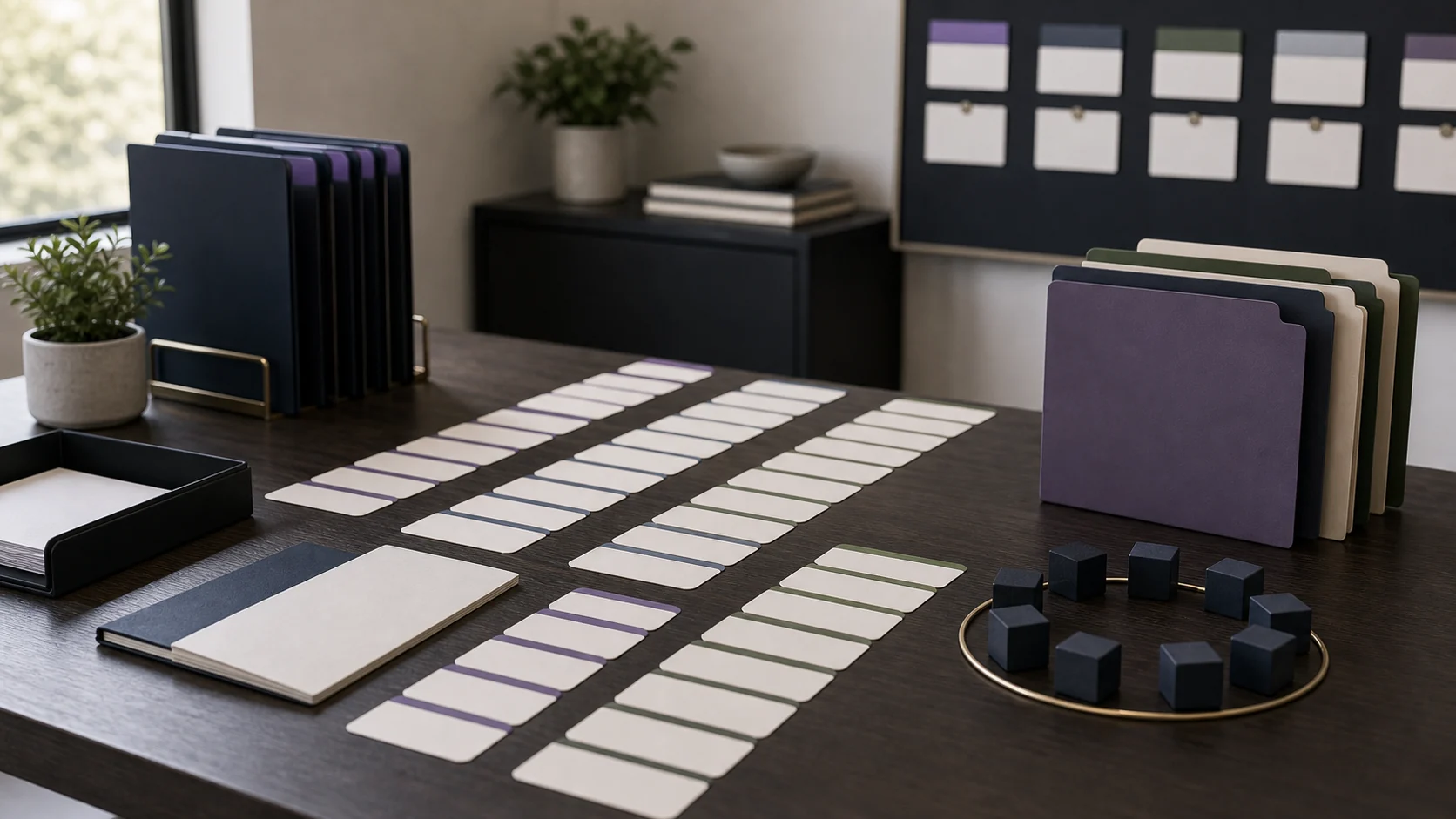 Rows of client cards and file folders laid out on a desk, like an agency's book of business