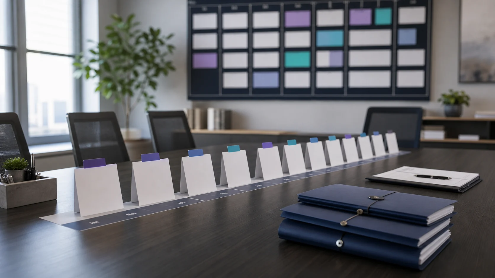 Monthly cards lined up on a conference table under a scheduling board, like a year of booked service visits