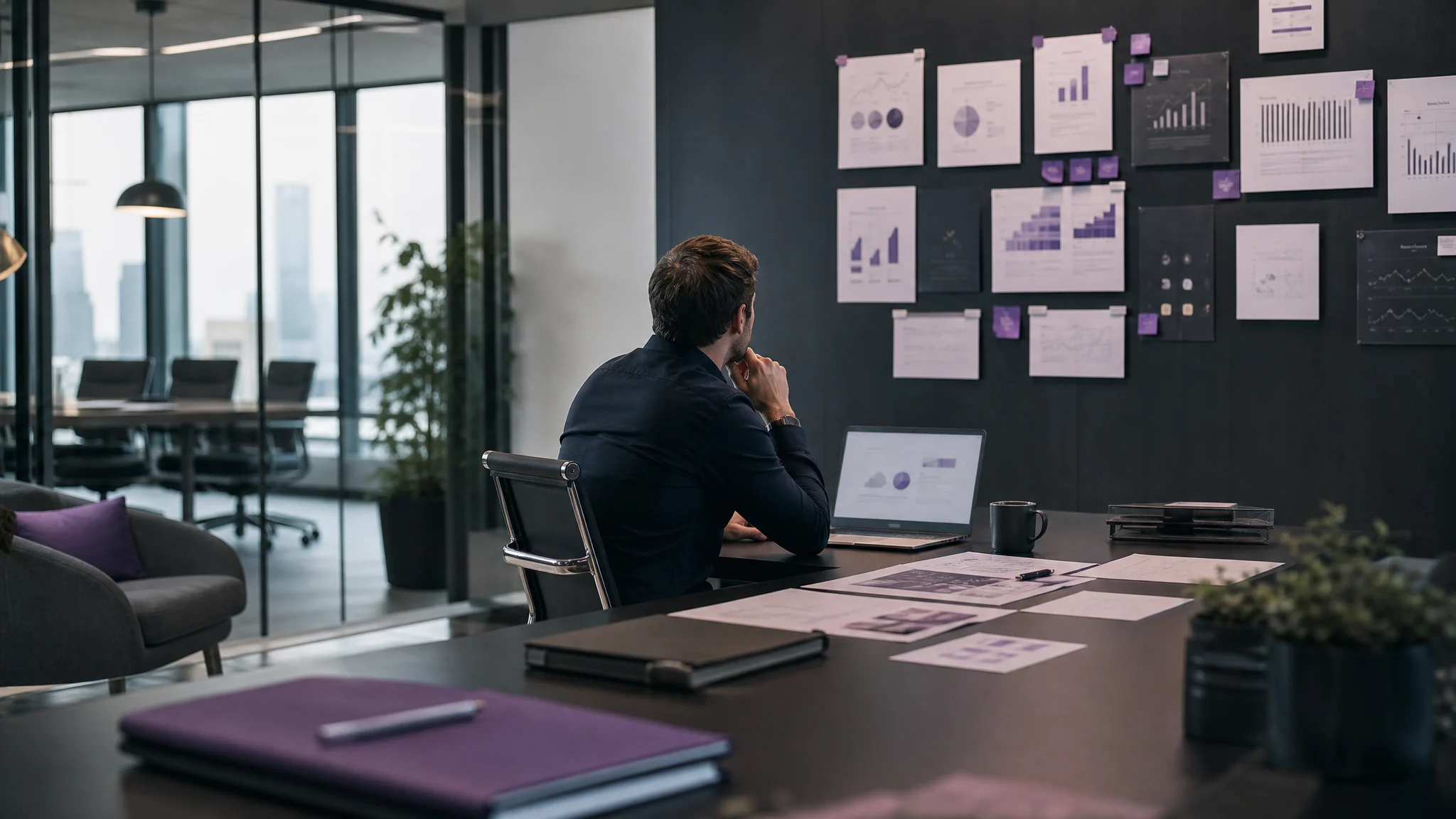 Founder reviewing SaaS profitability and exit readiness metrics in a focused business planning setting