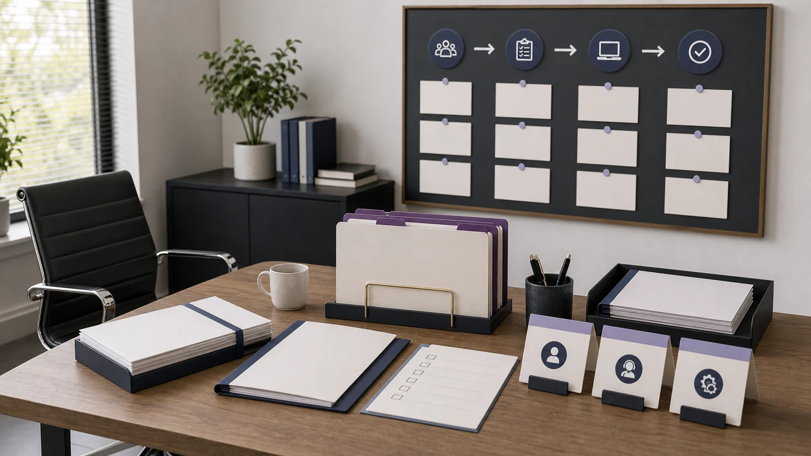 An organized front office desk with a four-step process board, file trays and team name cards