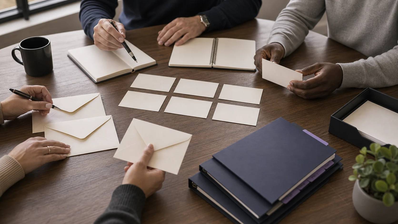 A practice team around a table with notebooks, note cards and binders
