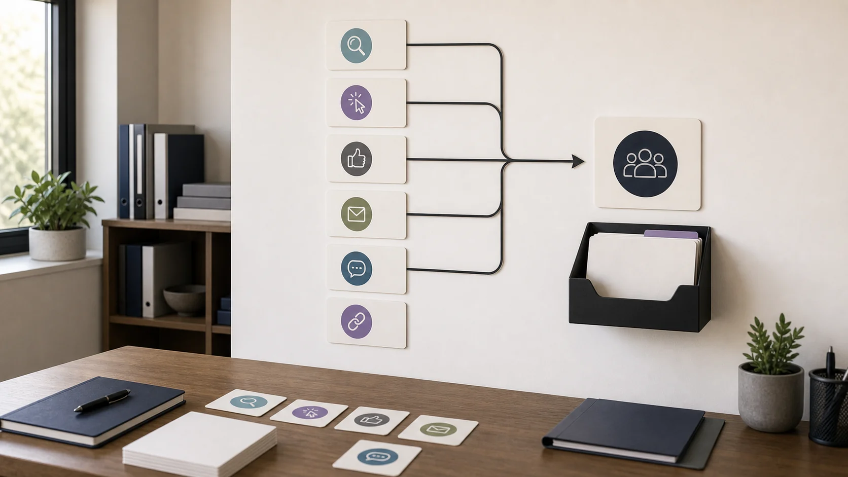 Cards for search, ads, social, email and other channels wired into one customer card on an office wall