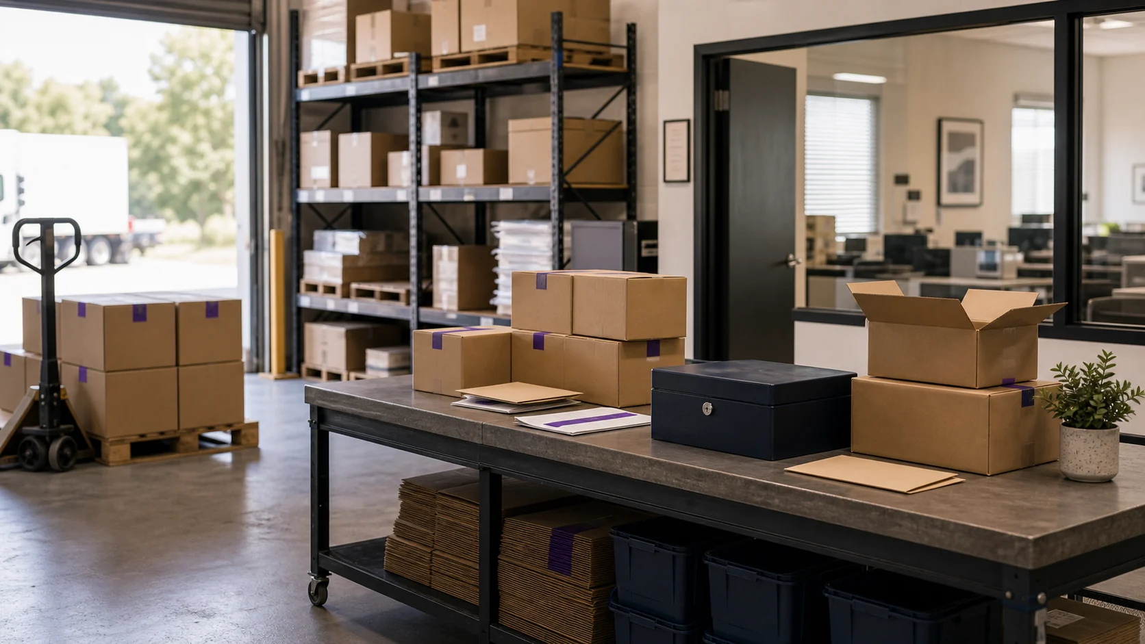 A warehouse with cartons stacked on pallets and steel shelving, a pallet jack by an open loading dock, and an office behind glass